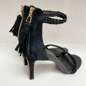 JOIE Nia Braided Suede Heels 38.5 US 8.5 Black Gold Zipper Tassel Leather